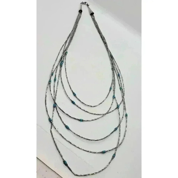 Twisted Sterling Liquid Silver Turquoise Heishi 6 Strand Necklace Navajo Zuni - Picture 2 of 11